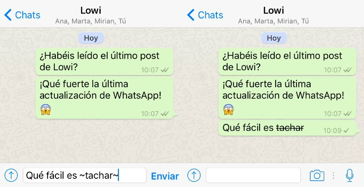 Tachar texto en WhatsApp