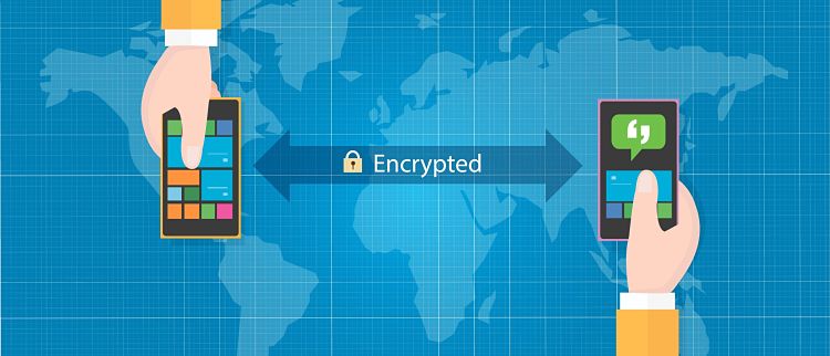 Ilustración de comunicación móvil encriptada: dos manos sosteniendo smartphones en extremos opuestos, conectadas por una flecha con el texto 'Encrypted', sobre un mapa mundial azul. Simboliza mensajería segura y privacidad en comunicaciones globales.
