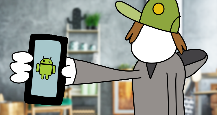 Ilustración de un hombre con un móvil Android puro en la mano
