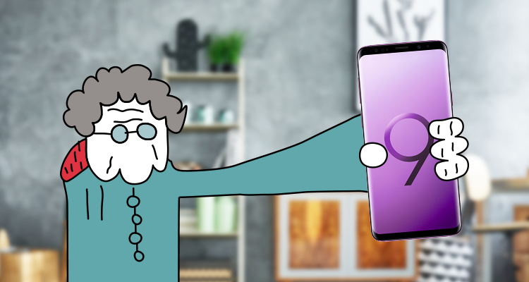 Ilustración de una anciana sosteniendo un Samsung Galaxy S9
