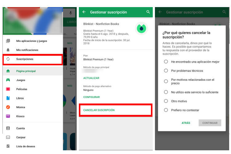 Cancelar suscripciones a una App