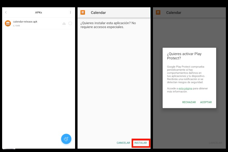 Captura de pantalla con el paso a paso de cómo instalar archivos .apk