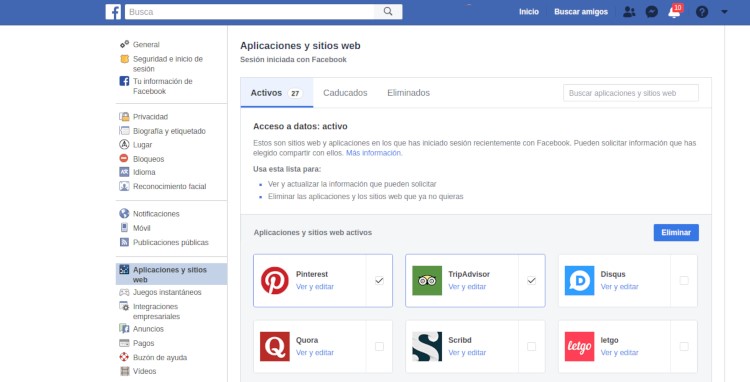 Captura de pantalla de Facebook que muestra cómo configurar la privacidad de datos para aplicaciones conectadas