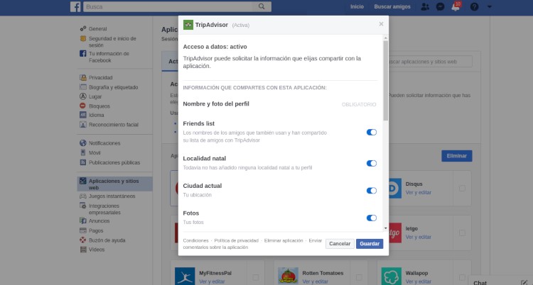 Controlar información privada en aplicaciones Facebook