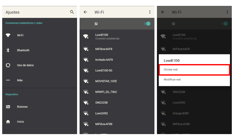 Captura de pantalla que muestra cómo borrar una conexión wifi en Android