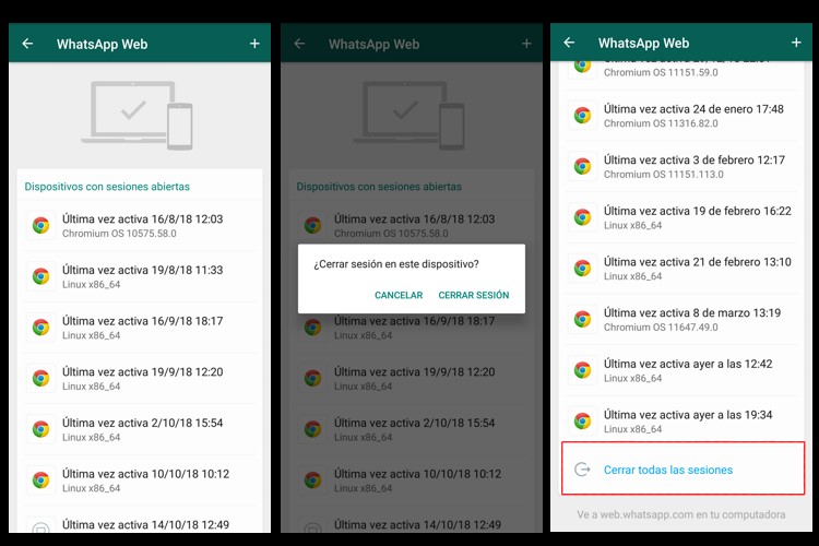 Captura de pantalla que muestra sesiones iniciadas en WhatsApp