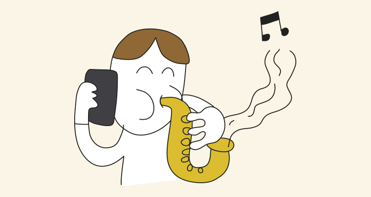 Ilustración de un hombre tocando la trompeta y escuchando música que representa Google Play Music