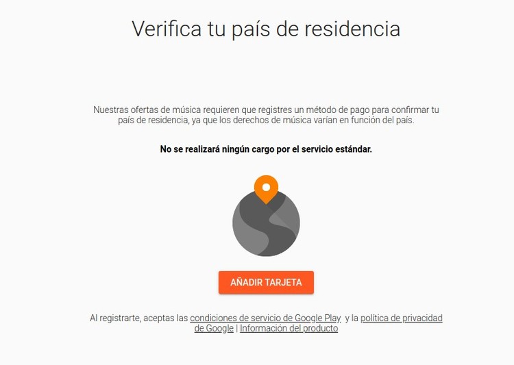 Captura de pantalla con la verificación de país de residencia y añadir tarjeta en Google Play Music