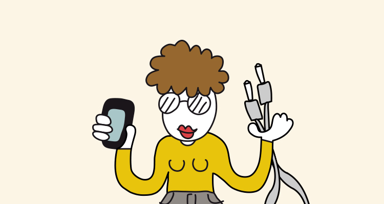 Ilustración de una mujer con dos cables que va a conectar dos auriculares a la vez al móvil