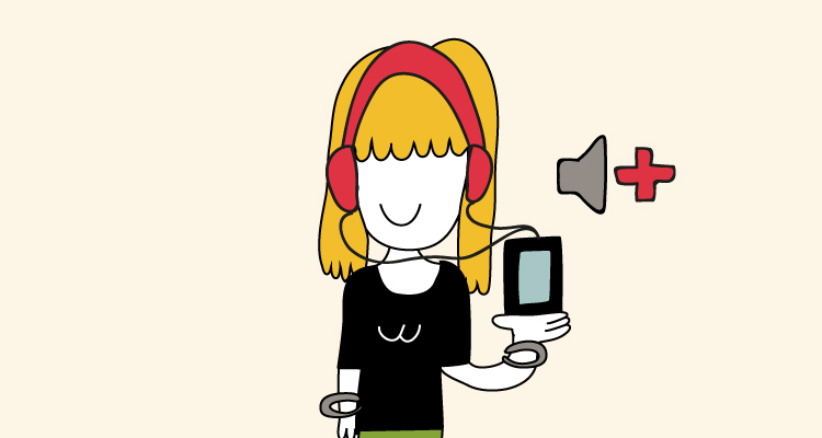 Ilustración de una chica con auriculares conectados junto a un símbolo de subir el volumen del móvil al máximo