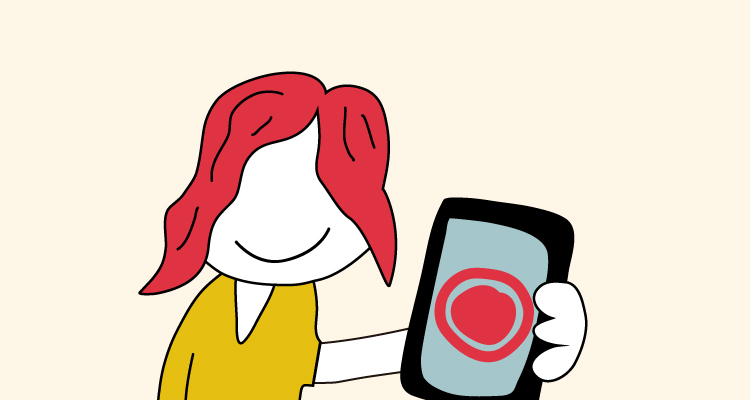 Ilustración de una mujer con un móvil con el símbolo de grabar llamadas de vídeo o voz