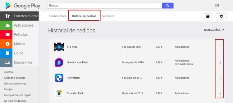 Historial de pedidos Google Play