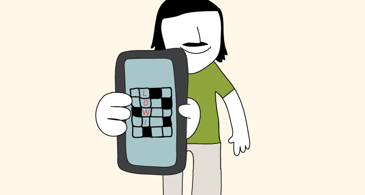 Ilustración de un hombre sosteniendo un smartphone con un crucigrama que pone "Lowi",juego de pasatiempos para móvil