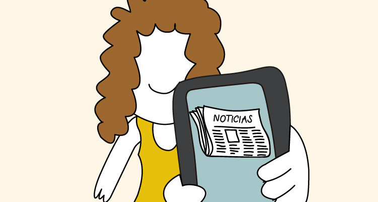 Ilustración de una mujer sonriente sosteniendo un dispositivo con aplicación de noticias para leer periódicos online