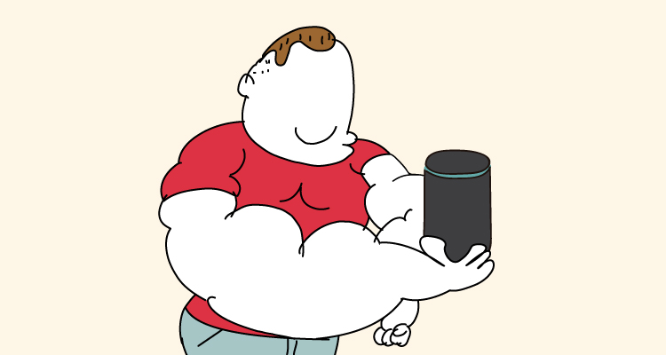 Ilustración de un hombre muy fuerte sosteniendo un dispositivo Alexa, representando las mejores skills de Alexa para hacer deporte