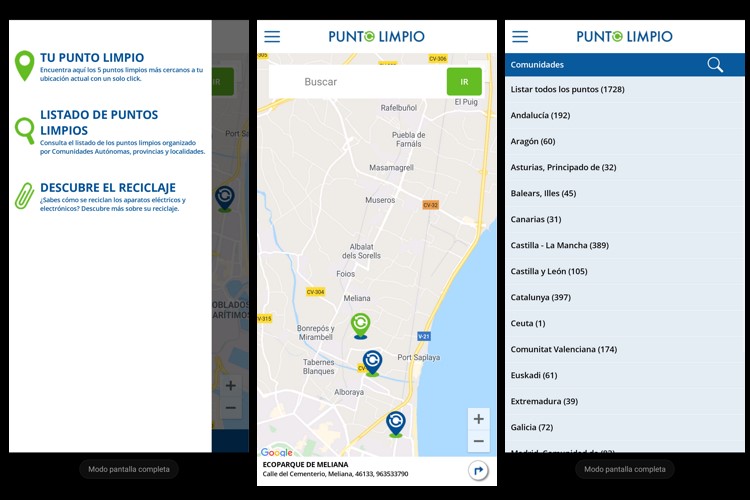 Captura de pantalla de "Punto Limpio", app de reciclaje para buscar puntos limpios