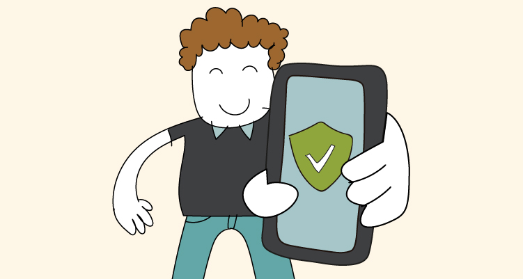 Ilustración que muestra un hombre sonriente sosteniendo un móvil con el símbolo de verificación