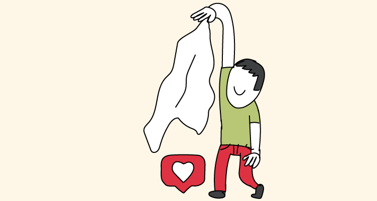 Un hombre levanta una tela que oculta los "me gusta" de una publicación, representando cómo ver los likes de Instagram aunque estén ocultos