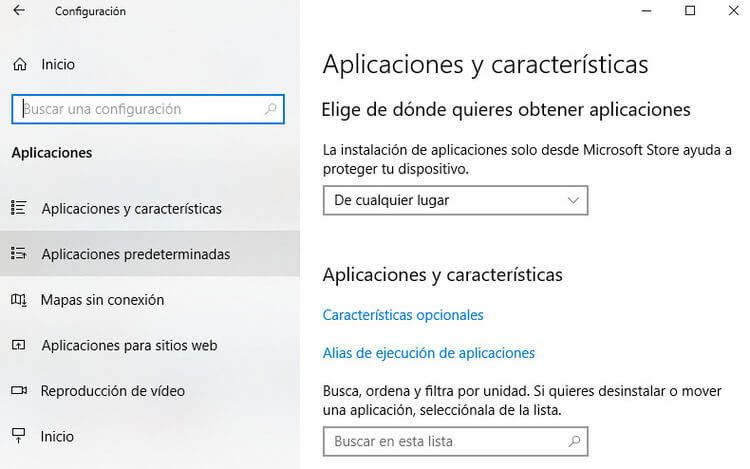 Opción aplicaciones predeterminadas