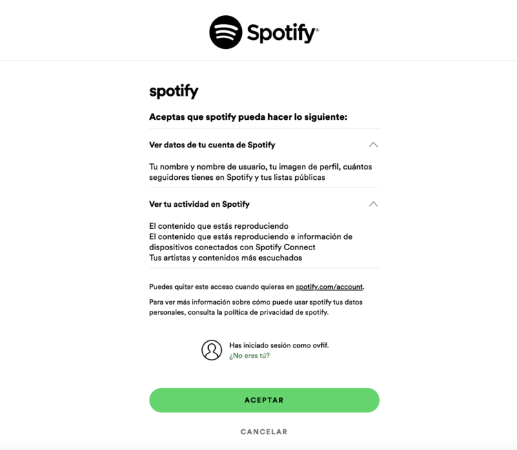 Condiciones al conectar Spotify Pie con Spotify