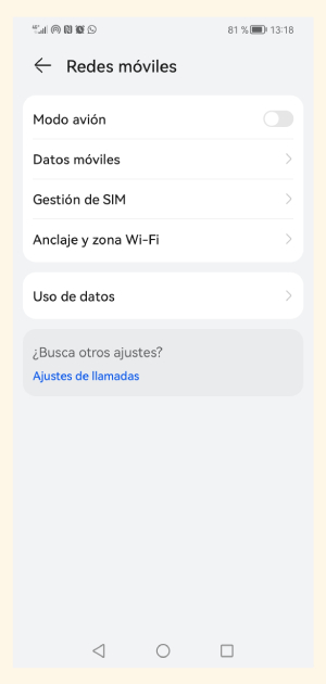 Opción de Redes móviles en Android