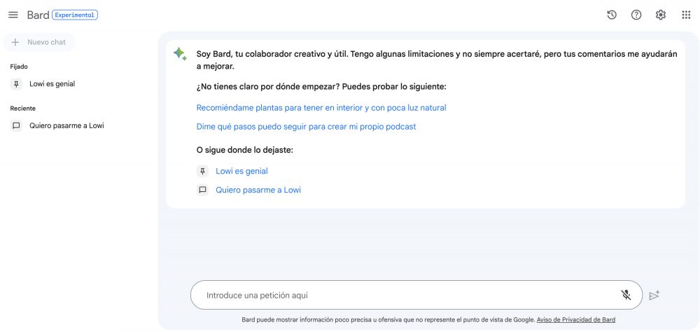 Prompt en español desde Google Bard