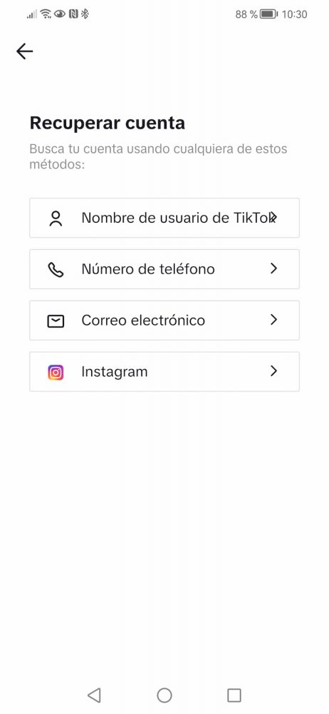 Opciones de recuperar cuenta de TikTok