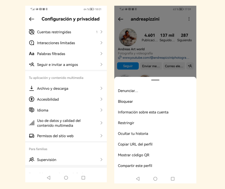 Ejemplo de cómo se restringe a alguien en Instagram
