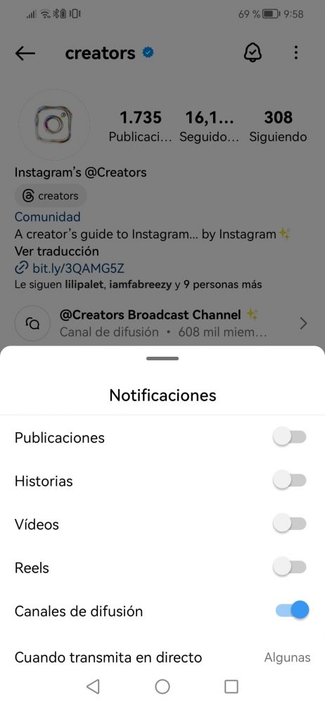 Silenciar notificaciones en IG