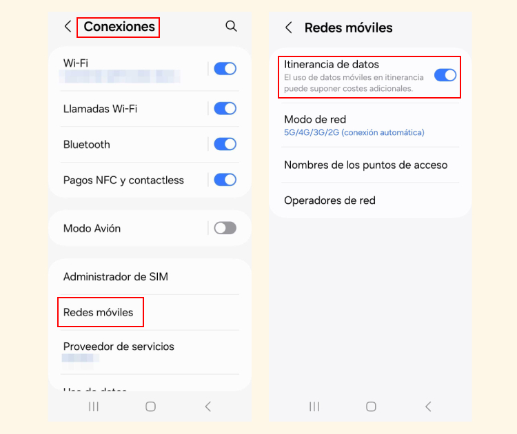 Activacion itinerancia de datos android