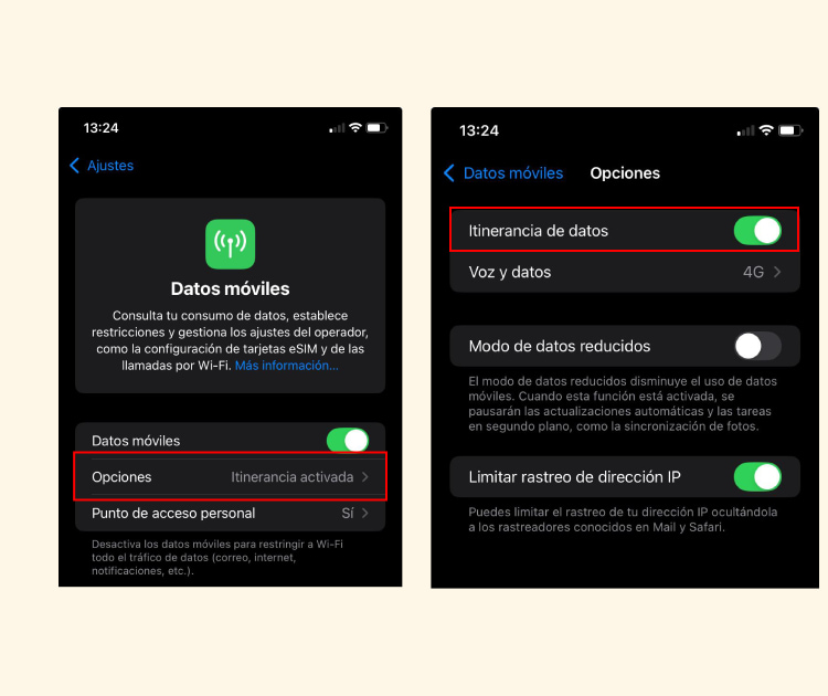 Activacion itinerancia de datos en ios