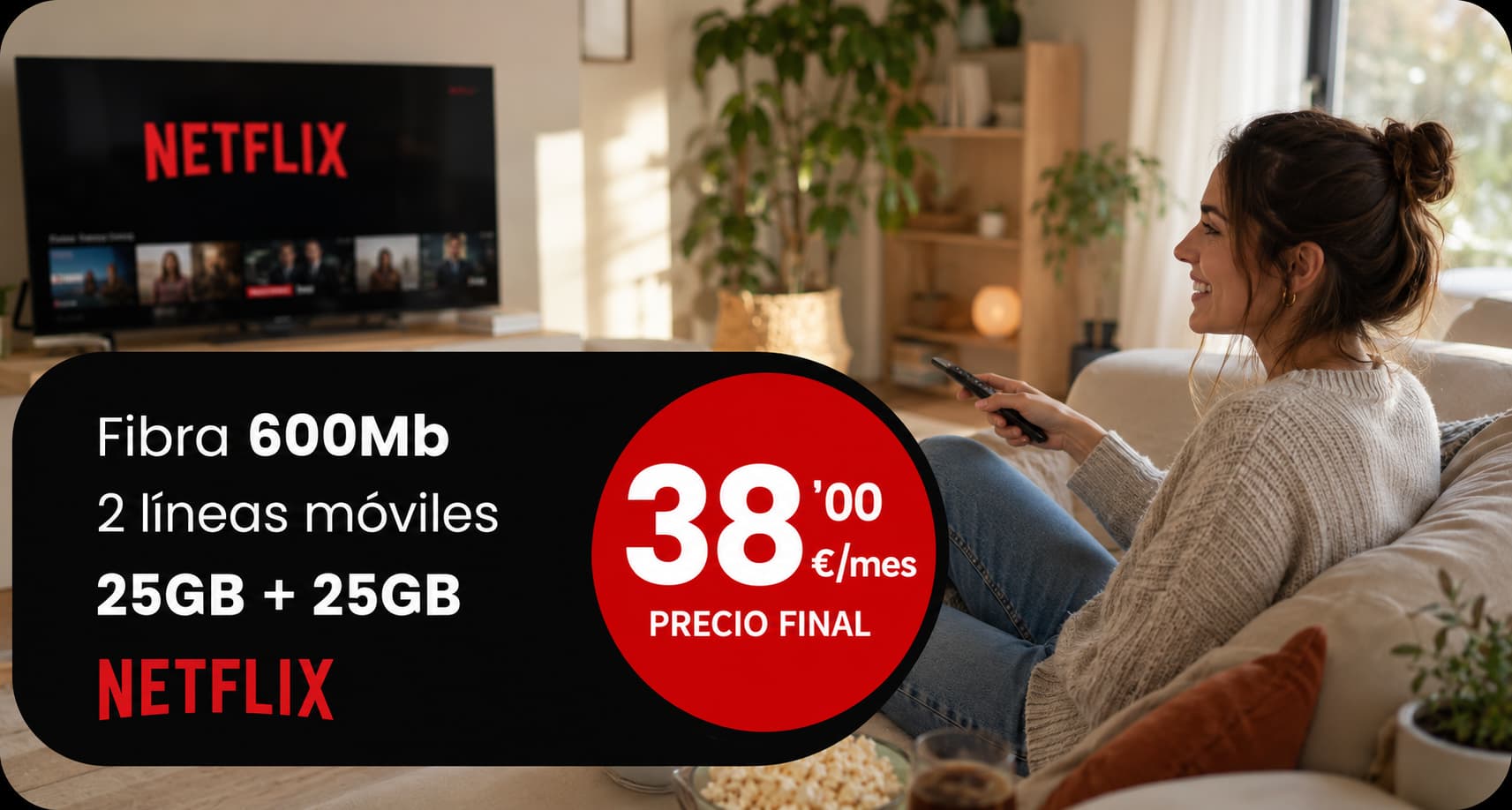 mujer relajada viendo netflix en sala moderna