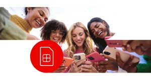 Group of friends looking at their mobile phones next to a SIM card icon