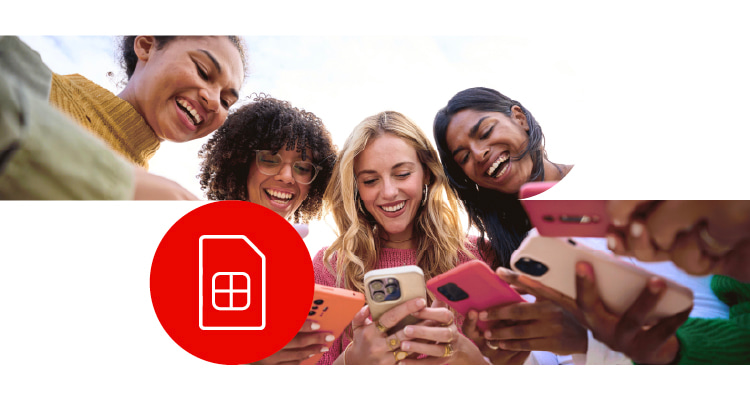 Group of friends looking at their mobile phones next to a SIM card icon