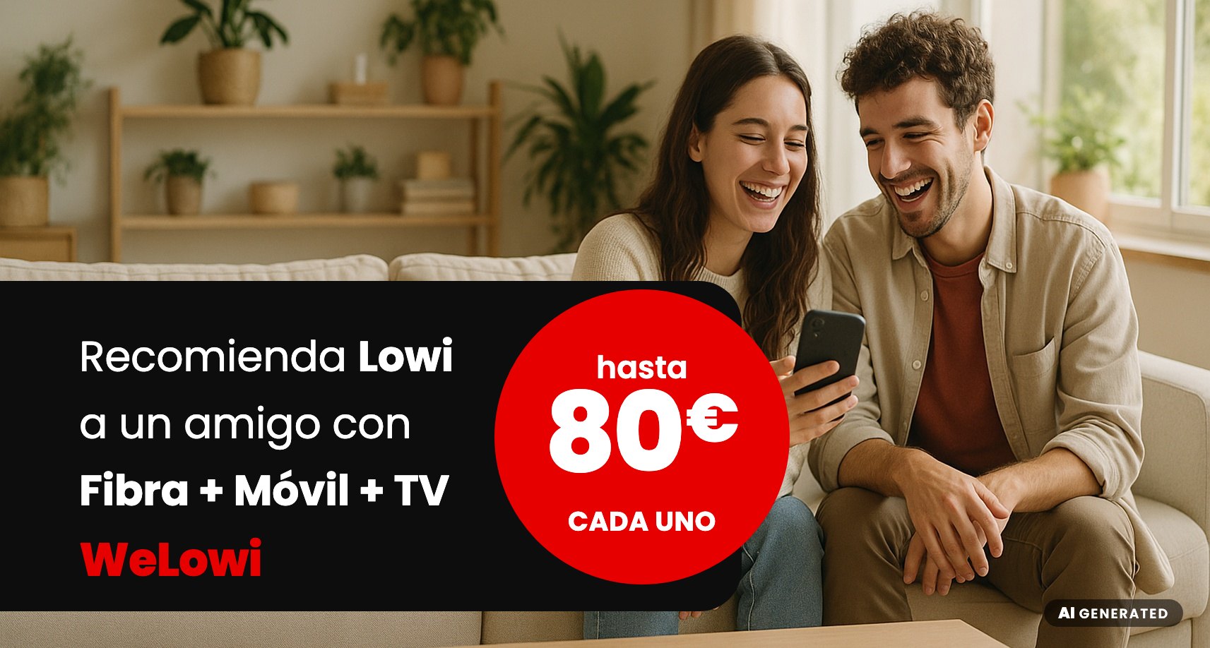 Dos amigos ríen mirando un móvil en el sofá: recomienda Lowi con Fibra + Móvil + TV y llevaos hasta 80 € cada uno